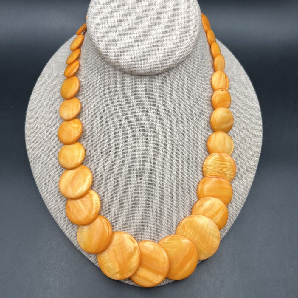 Orange Mother of Pearl Disc Necklace Bold Colorful Bright Round Statement Bright